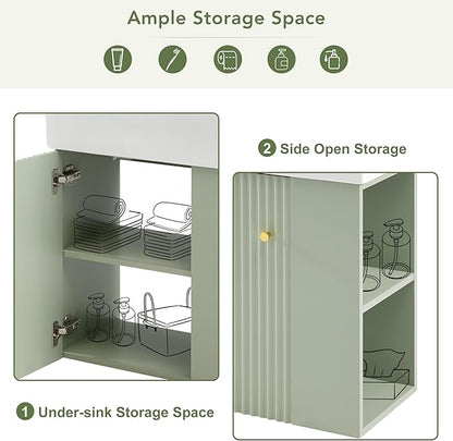 BNSPLY 22 Inch Floating Bathroom Vanity with Sink, Wall Mounted Bathroom Vanity Cabinet with Ceramic Sink, Modern Single Basin Vanities, Small Restroom Basin Cabinet with Right Side Storage, Green