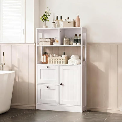 GRUSIGN Bathroom Storage Cabinet with Door and Drawers, Small Freestanding Bathroom Cabinet Organizer, Farmhouse Wooden Cupboard with Adjustable Shelves for Kitchen, Living Room, White