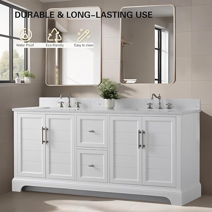 HOMEBEYOND 72 Inch Bathroom Vanity with Double Sink & Ceramic Top, Vanity Cabinet with Center Countertop Basin, Soft-Closing Doors, Backsplash, White