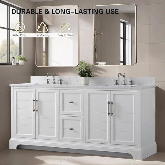 HOMEBEYOND 72 Inch Bathroom Vanity with Double Sink & Ceramic Top, Vanity Cabinet with Center Countertop Basin, Soft-Closing Doors, Backsplash, White