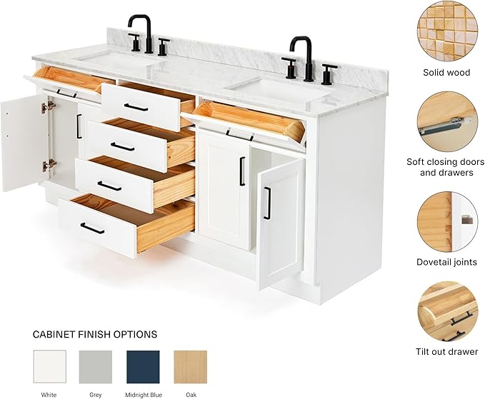 ARIEL Hepburn 72-inch Bathroom Vanity with Sink,Solid Wood, 0.75-inch Italian Carrara Marble Countertop, Double Rectangular Porcelain Sink, 4 Soft Closing Doors, 6 Dovetail Drawers, White
