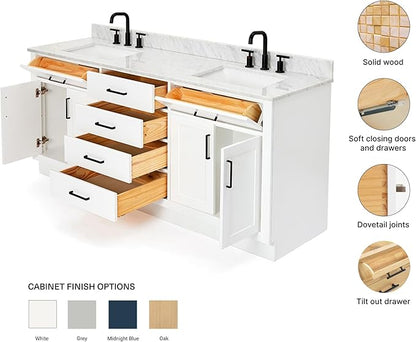 ARIEL Hepburn 72-inch Bathroom Vanity with Sink,Solid Wood, 0.75-inch Italian Carrara Marble Countertop, Double Rectangular Porcelain Sink, 4 Soft Closing Doors, 6 Dovetail Drawers, White