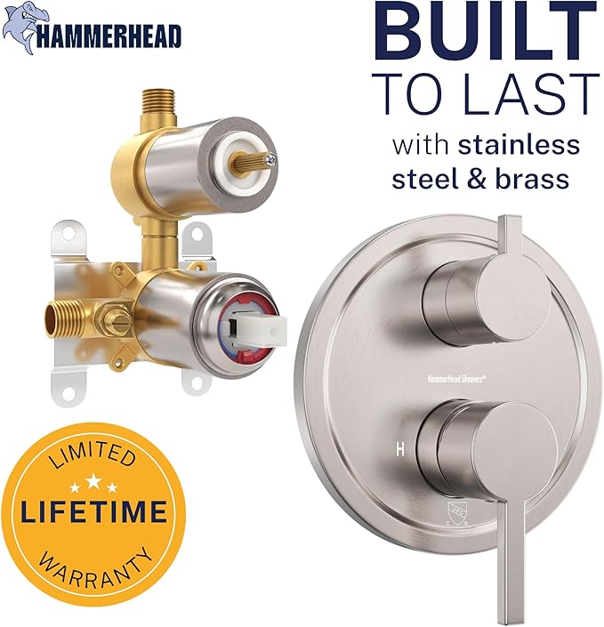 HammerHead Showers Solid Metal Two Handle Shower Valve and Trim Kit Brushed Nickel, Diverts Water Controls Volume and Temperature, Rough-In Shower Trim Kit with Valve and Pressure Balance Shower Valve