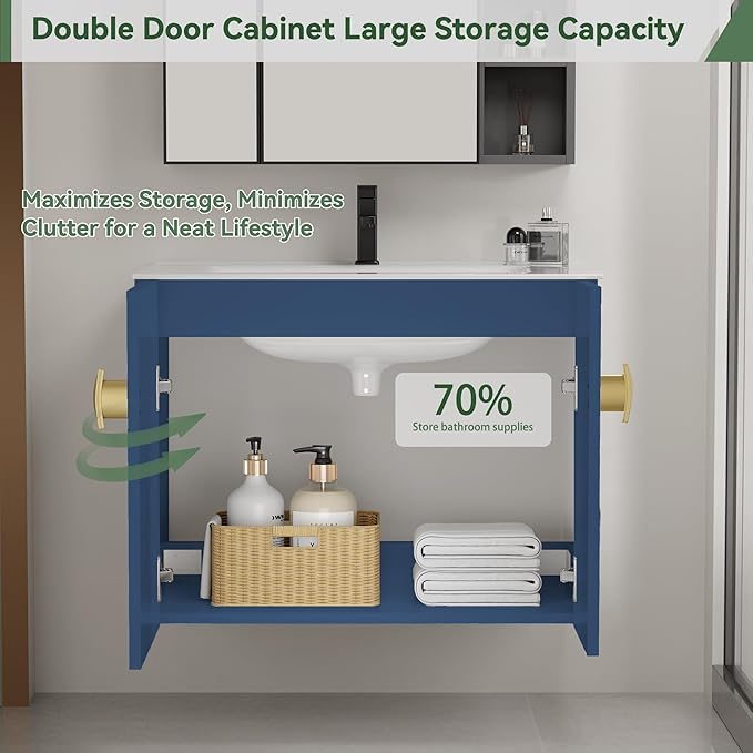 24" Bathroom Vanities Cabinet with Sink Combo, Wall Mounted Floating Storage Cabinet Modern with Ceramic Sink,Soft-Close System, 2 Doors & Metal Handles, Blue