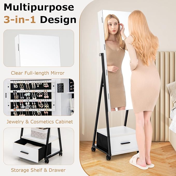 GOFLAME Rolling Jewelry Armoire Cabinet, Full Length Mirror with Storage, Floor Standing Lockable Jewelry Cabinet with Wheels, Drawers & Shelves, Large Capacity Jewelry Box Organizer (White)