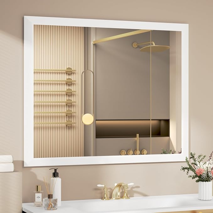 SMIROR 40x36 Matte White Bathroom Vanity Mirror for Over Sink | Metal Wide Frame, Rectangle, Right- Angle Corner, Anti-Rust, Horizontally or Vertically Wall- Mounted for Home Remodel