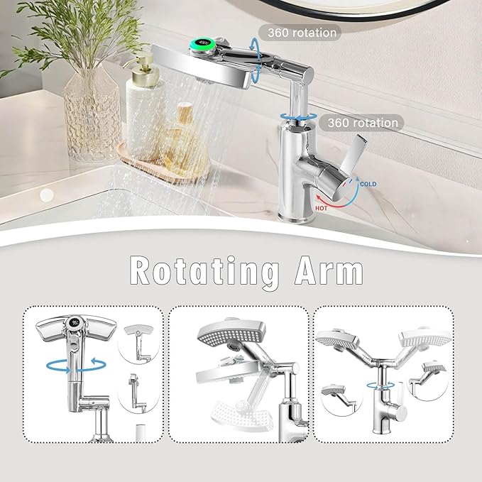 Rotatable Rain Faucet, Single Hole 360° Rotatable Bathroom Faucet, Single Handle Modern Bathroom Sink Faucet with LED Temperature Display(No Batteries) in Fahrenheit, 3 Water Modes-Chrome