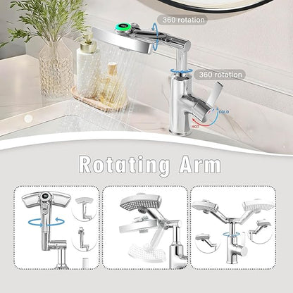 Rotatable Rain Faucet, Single Hole 360° Rotatable Bathroom Faucet, Single Handle Modern Bathroom Sink Faucet with LED Temperature Display(No Batteries) in Fahrenheit, 3 Water Modes-Chrome