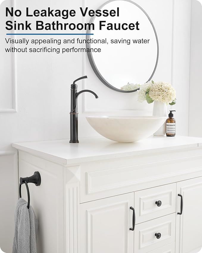 Waterfall Vessel Sink Faucet Oil Rubbed Bronze, Brass Tall Bathroom Faucet with Pop-up Drain, cUPC Supply Hoses, Single Handle for Vanity, Farmhouse, 1 Hole Vessel Sink, 5 Mins Quick Install