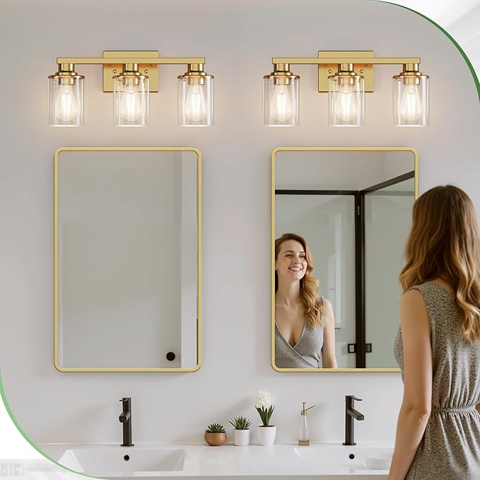 DORESshop 17 Inch Bathroom Light Fixtures, 3-Light Copper Bathroom Lighting Fixtures Over Mirror with Clear Glass Shade, Vanity Lights for Living Room Bedroom