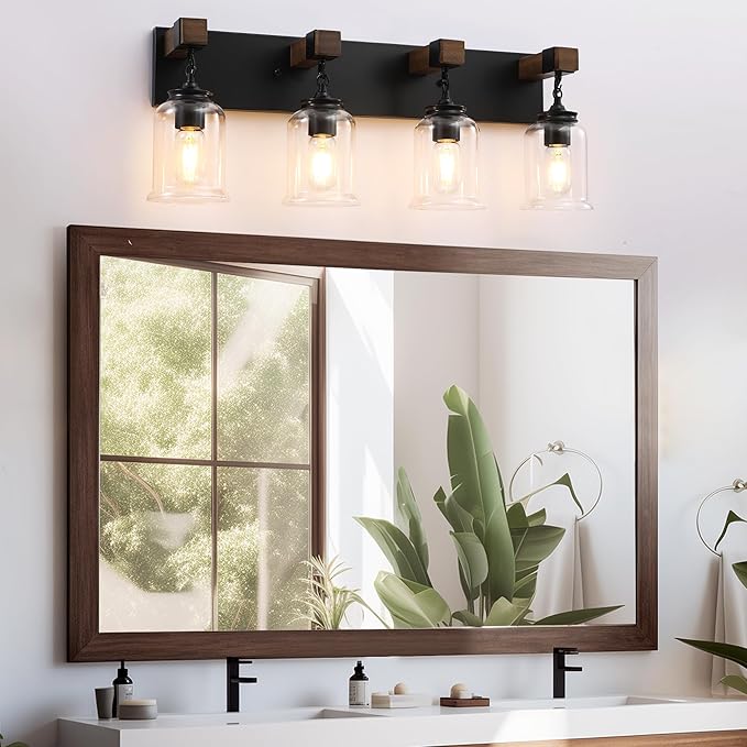 Farmhouse Bathroom Vanity Light, 4 Light Black Bathroom Vanity Light Fixtures Over Mirror, Rustic Wall Lighting with Clear Glass Shades for Living Room, Bedroom, Hallway
