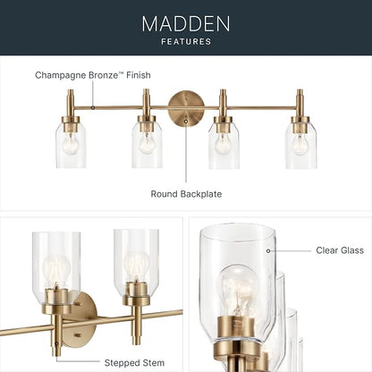 Kichler Madden 4-Light Bathroom Vanity Light, Champagne Bronze | Modern vanity light with clear glass for single or double bathroom mirrors (34" x 10.5"), 55186CPZ