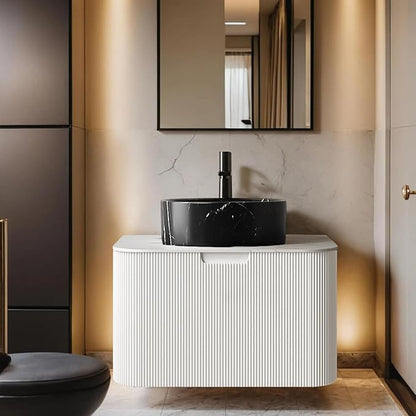 24" Floating Bathroom Vanity with Sink, Modern Bathroom Cabinet with Ultra-Thin Black Stone Pattern Ceramic Basin and Marble Top, Extra Large Storage Drawer, Soft-Close Design, White