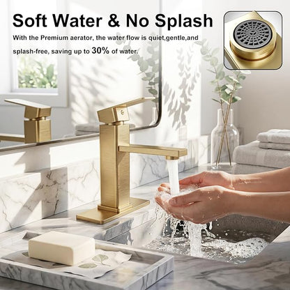 Brushed Gold Bathroom Faucet, Design with Pop-Up Drain | Single Handle Square Modern Stainless Steel, 1 or 3 Hole Installation for Farmhouse, Bathroom Sink, Vanity, Washbasin, RV