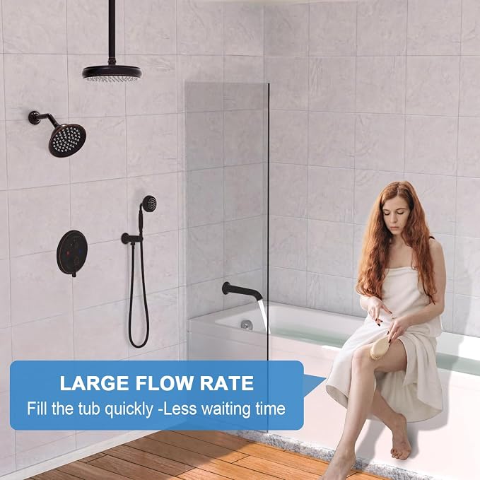 Enga Antique Shower Faucet Sets Dual Heads with Tub Spout 8" Ceiling & 6" Wall Mount Vintage Shower Head Handheld Spray Combo, 4 Way Diverter Brass Rough in with Trim Kit, Oil Rubbed Bronze