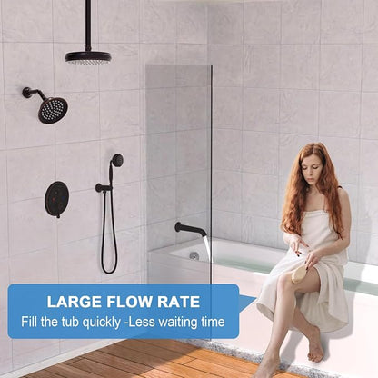 Enga Antique Shower Faucet Sets Dual Heads with Tub Spout 8" Ceiling & 6" Wall Mount Vintage Shower Head Handheld Spray Combo, 4 Way Diverter Brass Rough in with Trim Kit, Oil Rubbed Bronze