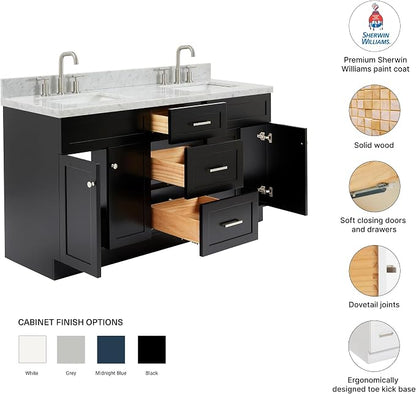 Bradford 66" Black Double Bathroom Vanity, 1.5" Edge Italian Carrara Marble Countertop, Rectangular Undermount Sinks, 2 Soft Closing Doors, 3 Dovetail Drawers, Brushed Nickel