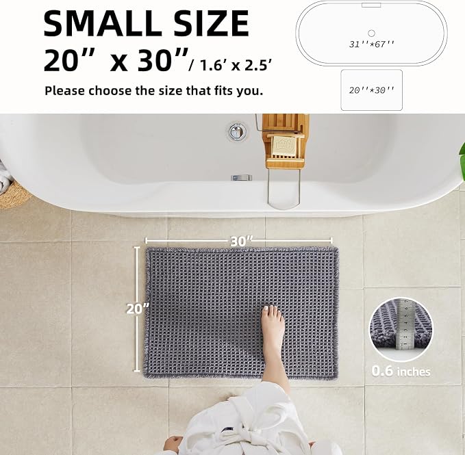 TYUU Waffle Bath Mat, Boho Bathroom Rugs Non Slip, 30x20 Grey | Super Absorbent Quick Dry Bath Rug, Non-Slip Backing, Soft Waffle Washable Farmhouse Bathroom Mats, Tub, Shower & Home Decor