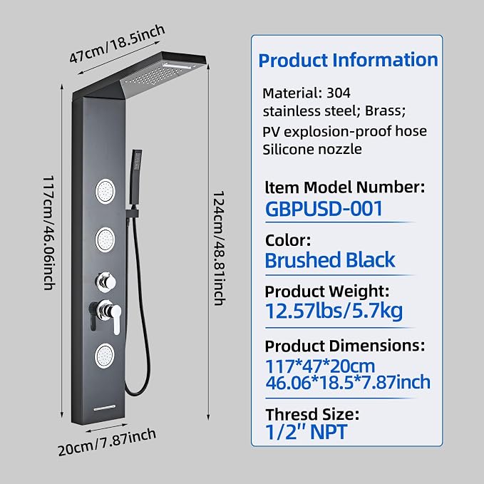 Shower Panel Tower System 5 in 1 Stainless Steel Shower Column | with Rainfall Waterfall Shower Head, Wall-Mount Rain Massage System with 3 Body Jet, Handheld, Tub Spout (Black)