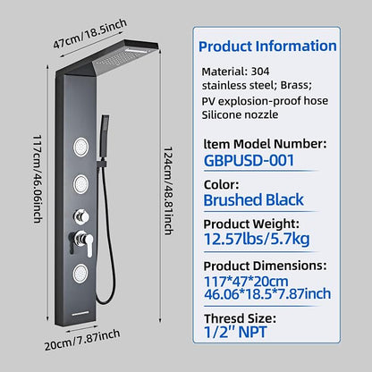 Shower Panel Tower System 5 in 1 Stainless Steel Shower Column | with Rainfall Waterfall Shower Head, Wall-Mount Rain Massage System with 3 Body Jet, Handheld, Tub Spout (Black)