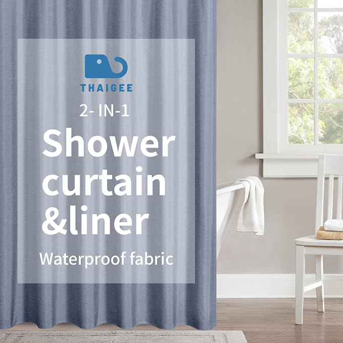 Waterproof Fabric Shower Curtain,No Liner Needed,72x72,Blue Gray | 2-in-1 Design,Linen Textured,100% Waterproof TPU-Laminated Backing,Magnetic Weighted,Machine Washable,For Bathroom,Hotel