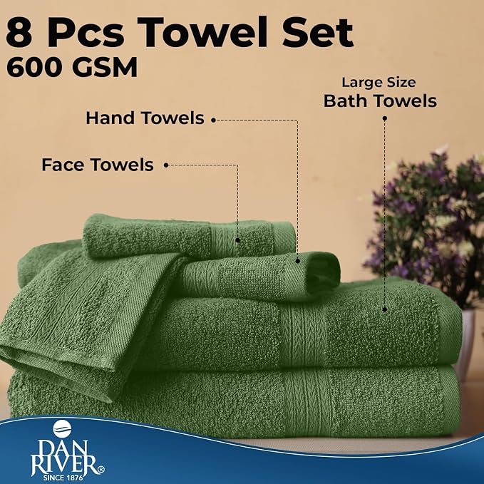 DAN RIVER 8 Piece Luxury Bath Towels for Bathroom, Towel Set, Sage Green | 2 Bath towels, 2 Hand towels, and 4 Wash Cloths, 600 GSM 100% Ring Spun Cotton, Highly Absorbent, Gym, Hotel, guest, and Spa
