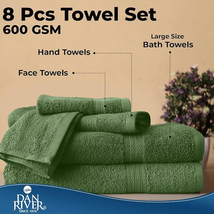 DAN RIVER 8 Piece Luxury Bath Towels for Bathroom, Towel Set, Sage Green | 2 Bath towels, 2 Hand towels, and 4 Wash Cloths, 600 GSM 100% Ring Spun Cotton, Highly Absorbent, Gym, Hotel, guest, and Spa
