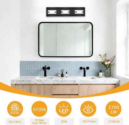 LED Bathroom Light Fixtures, 3-Light Modern Vanity Lights with Milky White Frosted Acrylic Shades, Matte Black Bathroom Lighting fixtures Over Mirror, ETL Listed, 20W (Cool White 5700K)