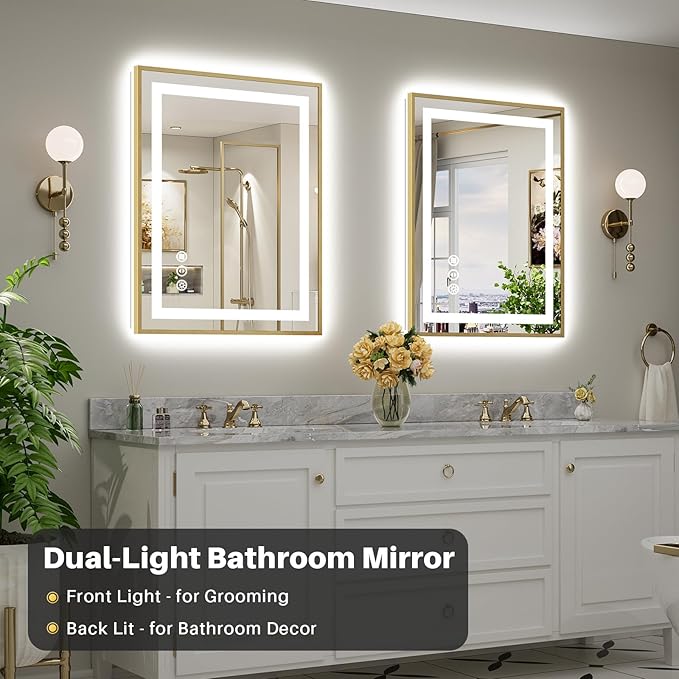 28x36 Inch LED Bathroom Mirror with Gold Frame, Backlit & Front Lit, Anti-Fog Lighted Bathroom Vanity Mirror for Wall, Memory Function, Dimmable, HD Tempered Glass, Shatter-Proof