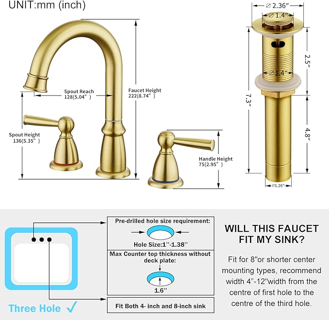 CREA Widespread Bathroom Faucet 3 Hole Brushed Gold Sink Faucet 8 inch with Pop Up Drain 2 Handle 4 inch Faucets for Vanity Lavatory Basin Restroom Bath Sink