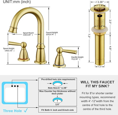 CREA Widespread Bathroom Faucet 3 Hole Brushed Gold Sink Faucet 8 inch with Pop Up Drain 2 Handle 4 inch Faucets for Vanity Lavatory Basin Restroom Bath Sink