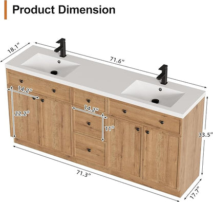 LUCKWIND 72" Bathroom Vanity Sink Combo, Modern Bathroom Cabinet with Double Undermount Solid Surface Vanity Sink, Soft-Close Hinges & Water-Saving Faucet, Natural