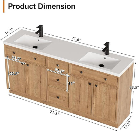 LUCKWIND 72" Bathroom Vanity Sink Combo, Modern Bathroom Cabinet with Double Undermount Solid Surface Vanity Sink, Soft-Close Hinges & Water-Saving Faucet, Natural