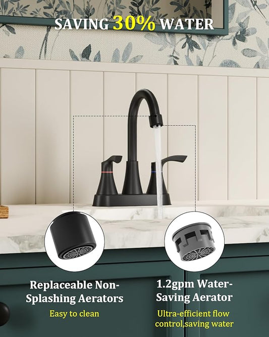 Matte Black Bathroom Faucet 3 Hole, Evolvegoods 4 Inch Stainless Steel Bathroom Sink Faucet, 2 Handle Centerset Faucet for Bathroom Sink Vanity, with Pop Up Drain and 2 Supply Hoses