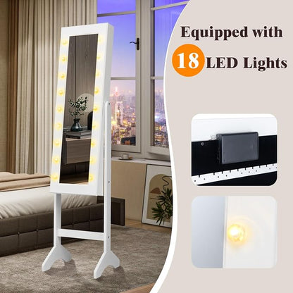LOKO Jewelry Armoire with 18 LED Lights, Freestanding Jewelry Organizer with Full-length Mirror, Large Storage Mirrored Jewelry Cabinet with 16 Lipstick Holders, for Bedroom, Dressing Room (White)