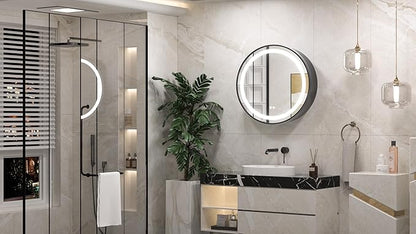 Keonjinn Round LED Medicine Cabinet 24 Inch, Black Lighted Medicine Cabinet for Bathroom with Mirror, Circle, Electrical Outlet, 3 Color Lights, Anti-Fog, Dimmable, Surface Mount Only