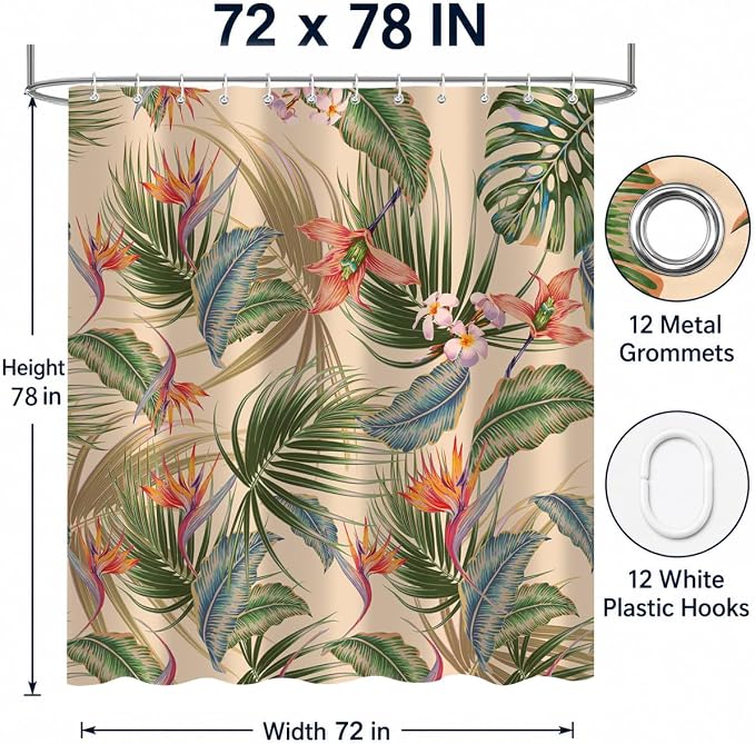 Tropical Shower Curtain, Colourful Leaves Floral Palm Leaf Hawaiian Botanical Plant Bathroom Decor, Waterproof Cloth Fabric Bath Curtain with Hooks 72 x 78 inch