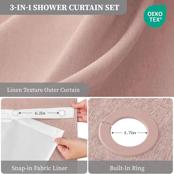 72x81 Ringless Linen Textured Shower Curtain with Snap in Liner, Blush | Tall Size, 3 in 1 Shower Curtain Set, Removable Liner, Waterproof & Washable, Mesh Top Window, Durable Fabric, Easy Setup