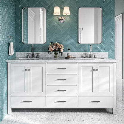 DKB Beckford 72 Inch Bathroom Vanity Double Sink — White Bathroom Vanity with Sink, 1.5" Edge Italian Carrara Marble Countertop & Backsplash, 4 Soft-Close Doors, 6 Dovetail Drawers