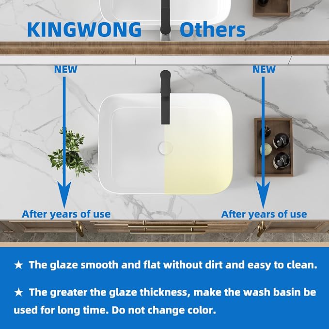 20" Rectangular Ceramic Vessel Sink, White Bathroom Vanity Sink Countertop | KINGWONG Modern No Overflow Wash Basin for Powder Room Guest Bath, Easy Clean Round Corners Above Counter Sink