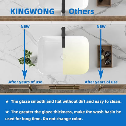 20" Rectangular Ceramic Vessel Sink, White Bathroom Vanity Sink Countertop | KINGWONG Modern No Overflow Wash Basin for Powder Room Guest Bath, Easy Clean Round Corners Above Counter Sink
