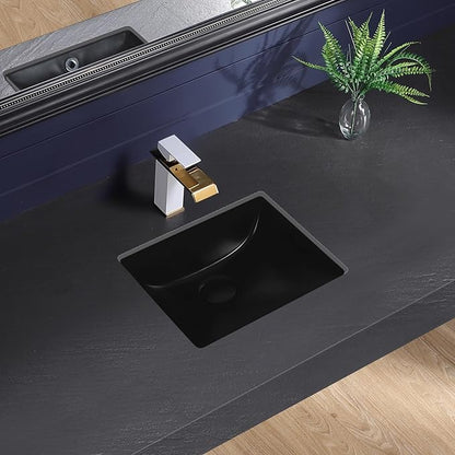 Small Black Undermount Bathroom Sink 14.4x12.7 Inch Vessel Sink Matte Black Bathroom Under Counter Lavatory Vanity Sink Basin Rectangular Porcelain Ceramic Undermount Sinks with Overflow