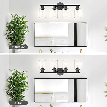 4-Light Black Bathroom Light Fixtures, E26 Modern Vanity Lights for Bathroom with Clear Glass Shade, Wall Lamps for Mirror Hallway Kitchen Cabinet Living Room Sconces Lights
