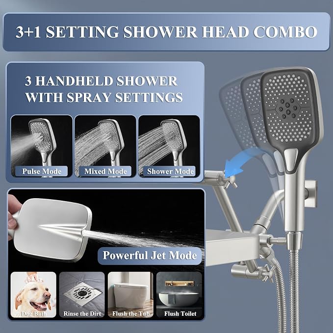 Jcrob High Pressure Wide Rain Shower Head with Handheld Spray Combo, 14 Inch Rainfall Shower Heads with Adjustable Extention Arm, Dual Waterfall Showerhead with 3-Way Diverter(Brushed Nickel)