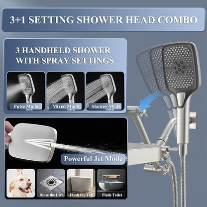Jcrob High Pressure Wide Rain Shower Head with Handheld Spray Combo, 14 Inch Rainfall Shower Heads with Adjustable Extention Arm, Dual Waterfall Showerhead with 3-Way Diverter(Brushed Nickel)