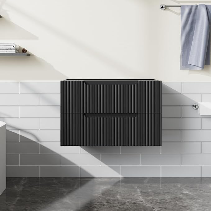 30” Floating Bathroom Vanity Cabinet Wall-Mounted Bathroom Vanity in Black, Sink Basin Not Included