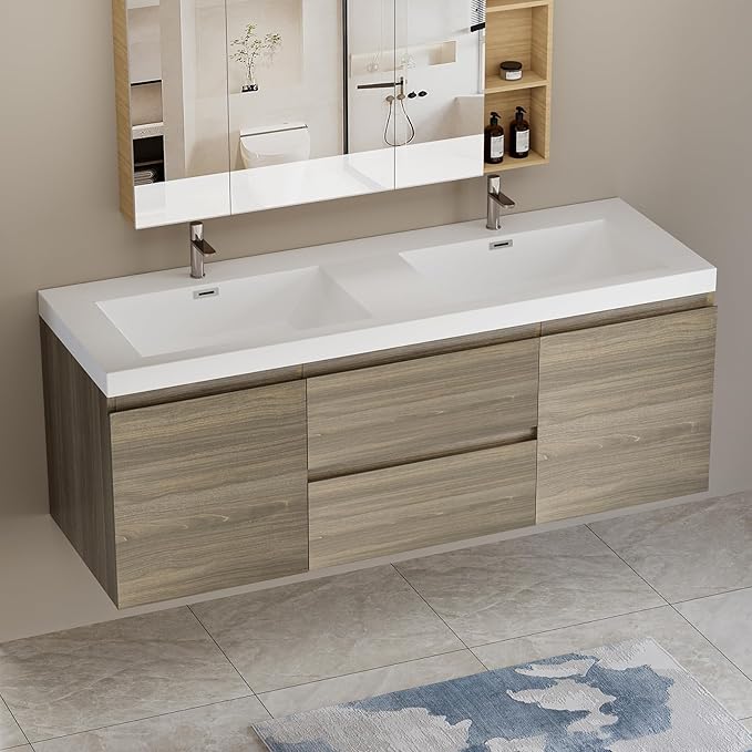Floating Vanity Bathroom, 60 Inch Bathroom Vanity with Sink, Wall Mounted Double Sink Bathroom Vanity, Soft Closed 2 Drawers, Integrated Sink (Ash Grey)