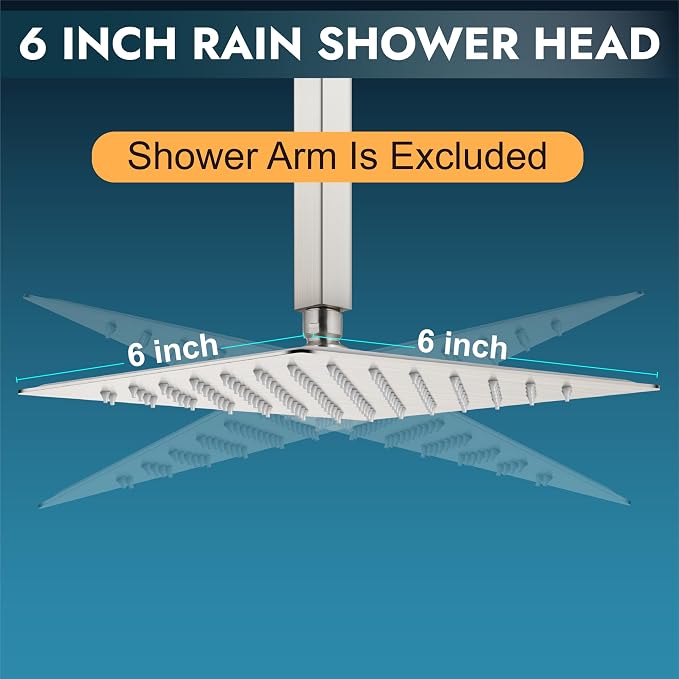 Midanya Square Rain Shower Head,High Pressure,Brushed Nickel 6 Inch | 360°Swivel,Ceiling or Wall Mount,Waterfall Full Body Coverage,Bathroom Remodel,Stainless Steel Large Rainfall Shower Head