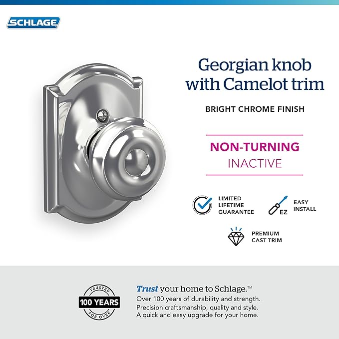 SCHLAGE Georgian Knob with Camelot Trim Non-Turning Lock, Bright Chrome (F170 GEO 625 CAM)
