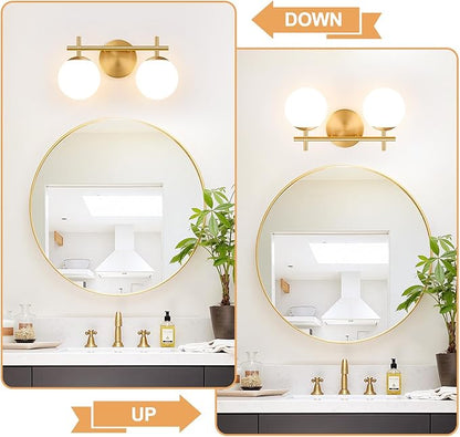 2-Light Bathroom Light Fixtures, Brushed Gold Vanity Lights for Bathroom with Milky White Glass Shade, Bathroom Lighting Fixtures Over Mirror, Wall Sconce for Bedroom (Bulb Not Included)
